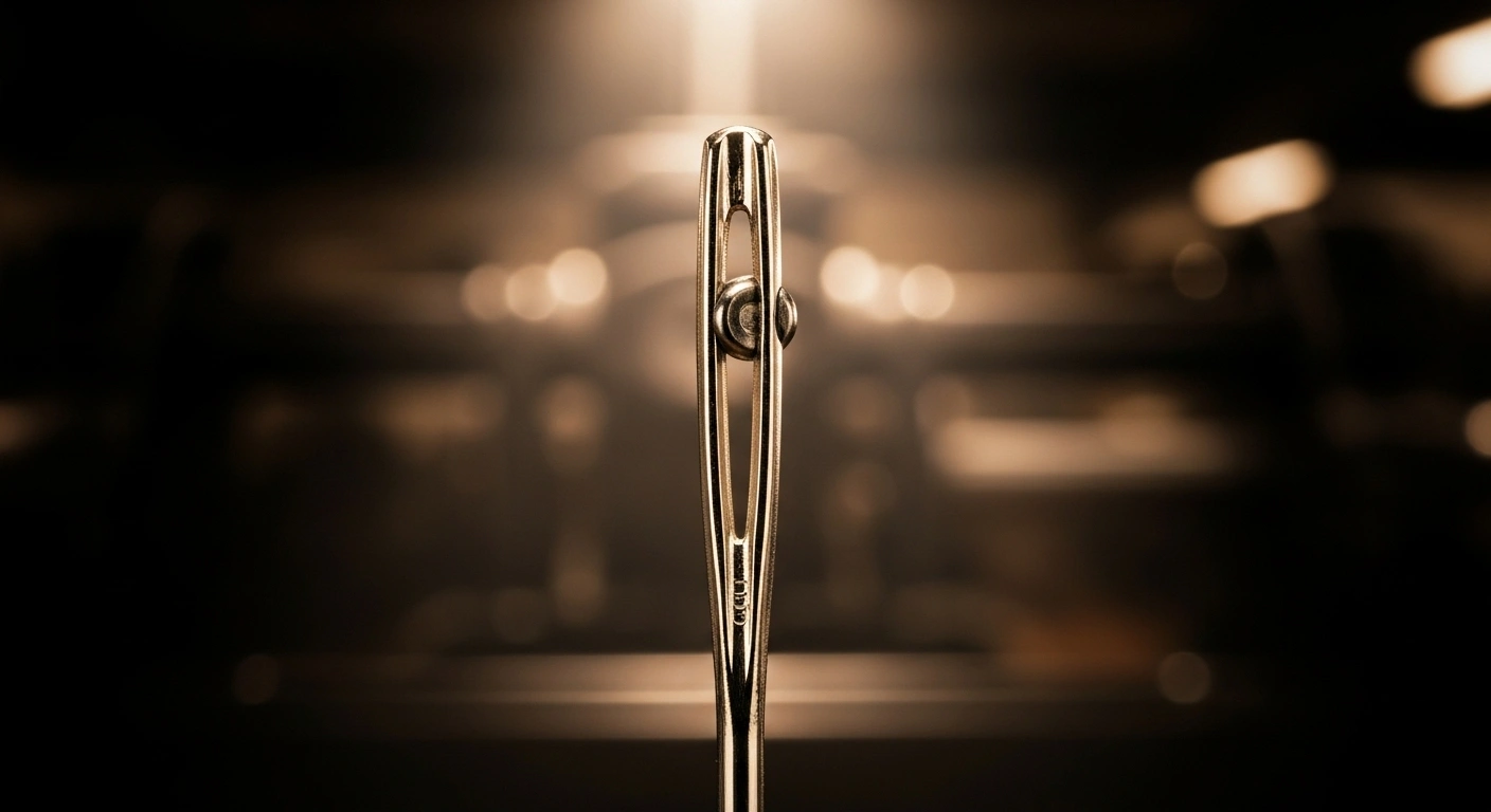 A close-up photograph of a vintage steel sewing needle, sharply lit, with a blurred background depicting sepia-toned industrial machinery, symbolizing Turkey's long history of manufacturing and industrial development.