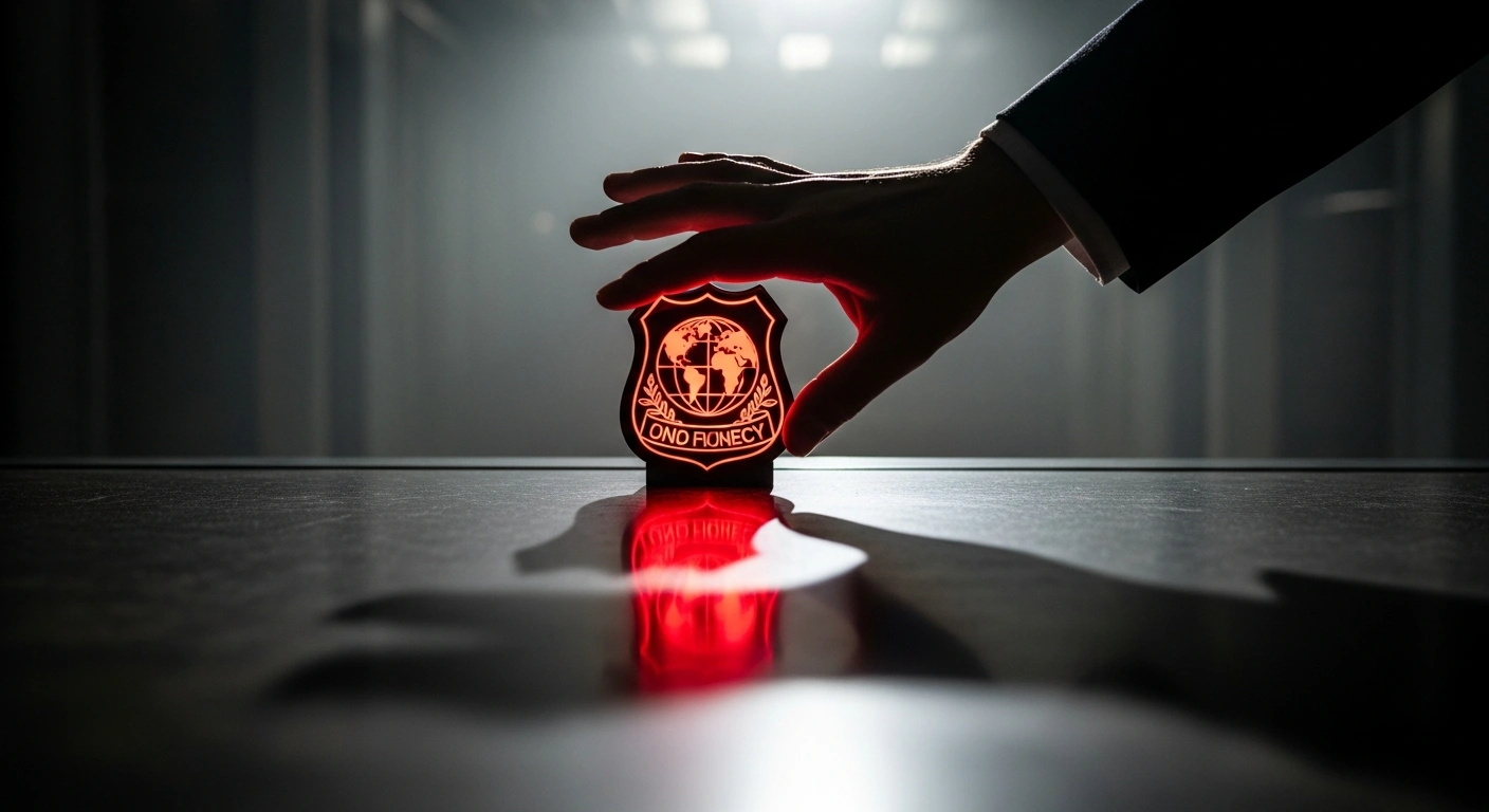 A powerful, silhouetted hand reaches towards a glowing, crimson-hued emblem resembling a global law enforcement badge, casting long shadows on a dark, polished surface, symbolizing the scrutiny surrounding Turkey's INTERPOL presidential candidate, Mustafa Serkan Sabanca, and concerns about politically motivated Red Notice abuse.