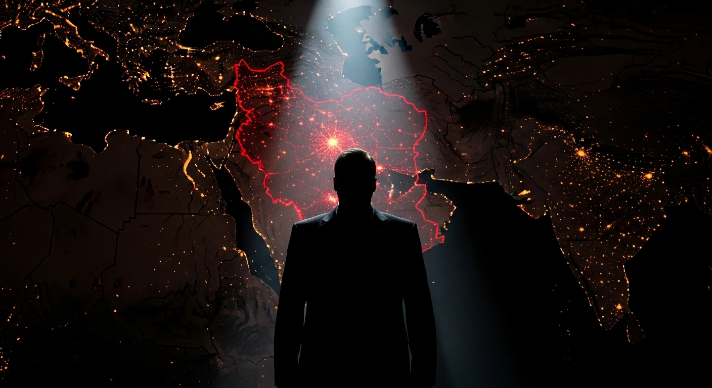 A silhouetted figure, representing Turkey's AK Party, stands before a dimly lit map of the Middle East with Iran highlighted in flickering red, symbolizing the party's strong warning against foreign intervention and potential regional instability amidst ongoing protests.