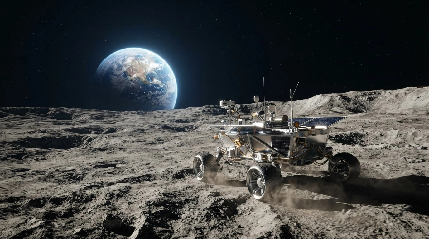 A lunar rover explores the surface of the moon as Earth rises in the background, representing Turkey joining the Artemis Accords for international space exploration.