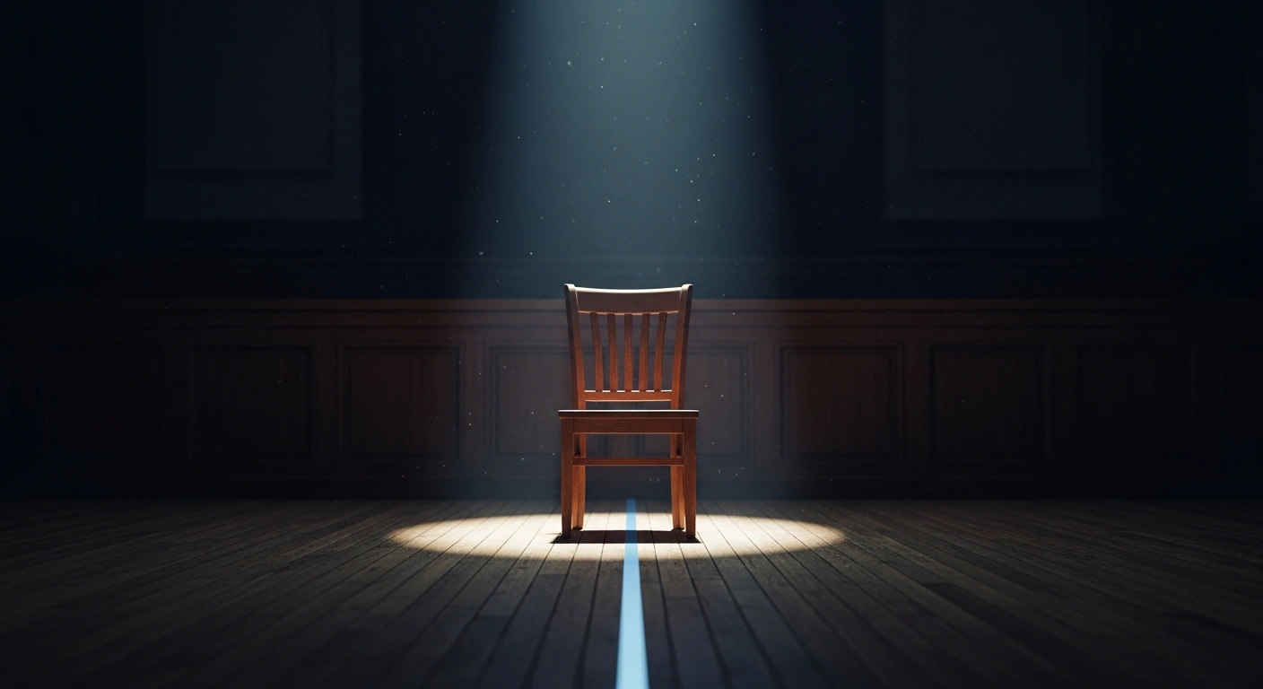 An empty wooden chair sits in a dimly lit courtroom, symbolizing the legal challenges and detention of Turkish journalist İsmail Arı.