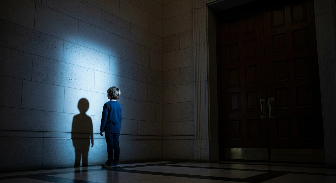 A young child stands alone in a dark courthouse hallway, representing the debate over lowering the age of criminal responsibility in Turkey.