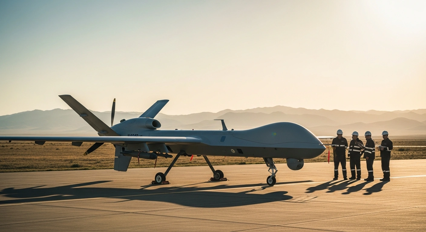 A modern unmanned aerial vehicle sits on a tarmac in Kazakhstan during a collaborative defense project between Turkey and Kazakhstan.