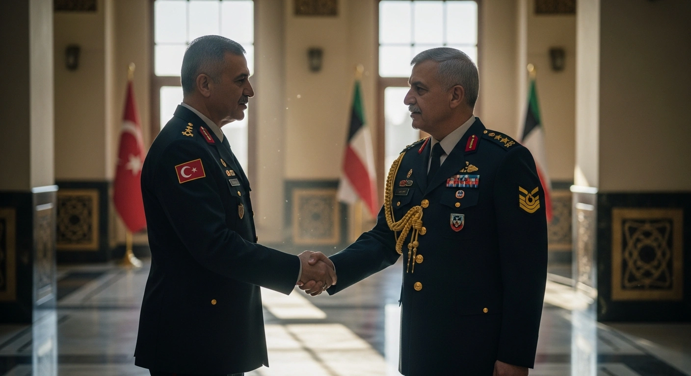 Turkish Defense Minister Yasar Guler and Kuwaiti Chief of General Staff Lieutenant General Bandar Al-Muzain shake hands during a formal meeting to discuss military cooperation.