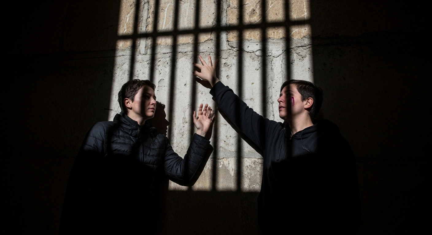Two individuals stand with somber expressions before a towering, dark stone wall under harsh backlighting, symbolizing the proposed Turkish Justice Ministry bill that would criminalize same-sex engagement and marriage, impose prison sentences for promoting LGBT identities, and severely restrict gender transition procedures, a move condemned by human rights organizations and LGBT advocates.