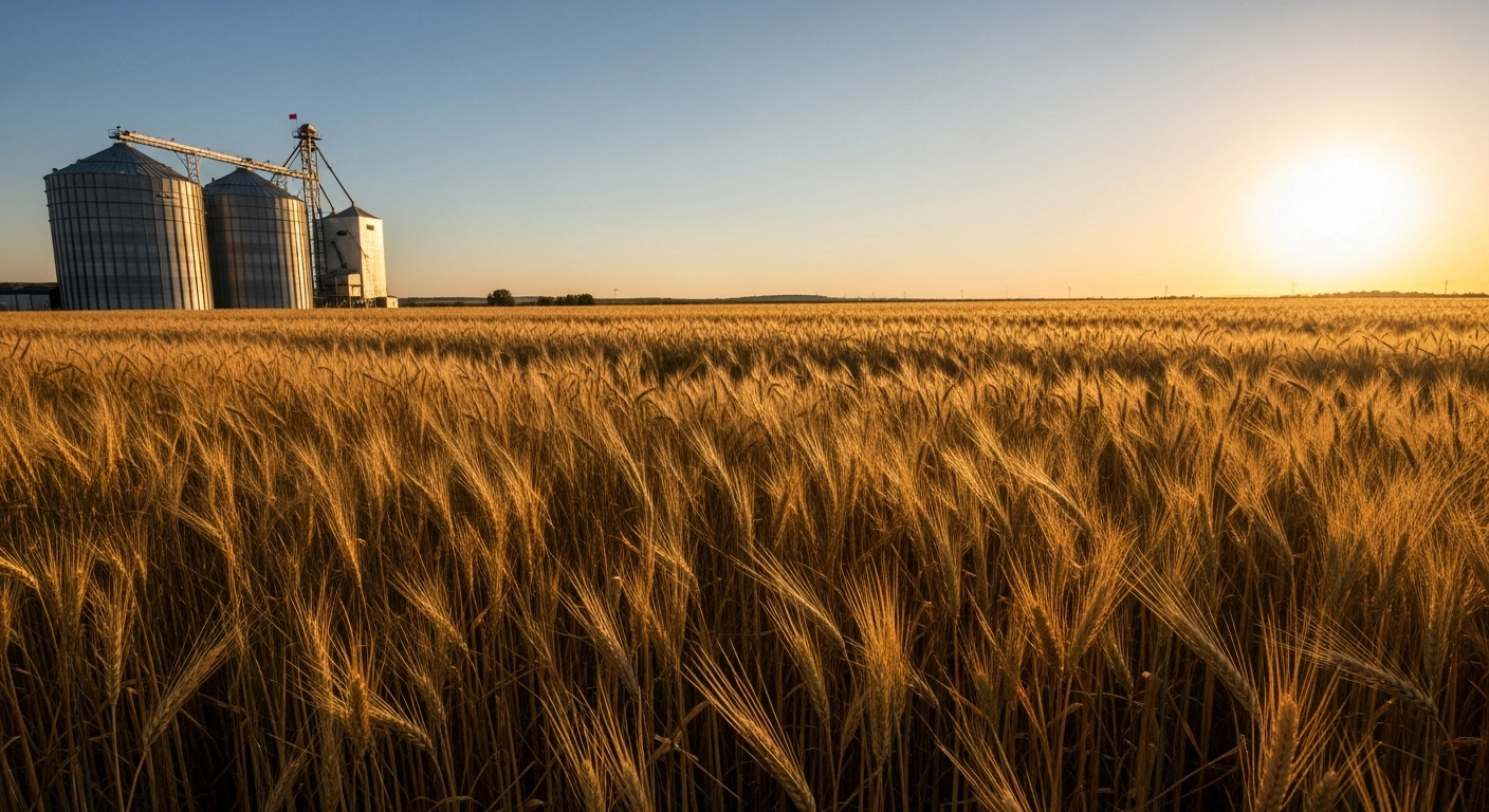 A vast golden wheat field stands next to a large industrial grain silo in Turkey, representing the lifting of the milling wheat export ban by the Turkish Grain Board.