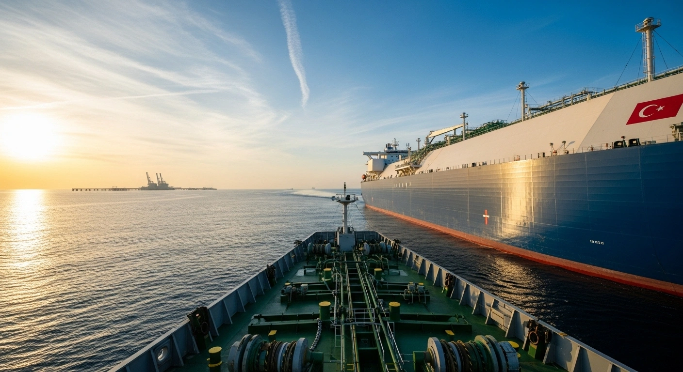 A colossal LNG tanker, flying a Turkish flag, approaches a modern energy terminal under a golden sunrise, symbolizing Turkey's 20-year agreement for US-sourced liquefied natural gas imports and enhanced energy security.