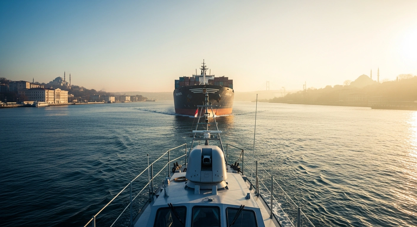 A large commercial cargo ship sails through the Bosphorus Strait under the regulation of Turkish maritime authorities.