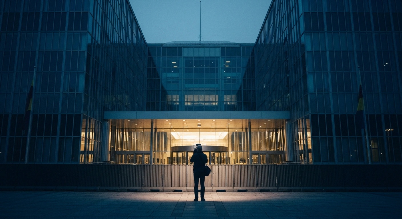 An independent journalist stands outside a restricted international summit venue in Turkey after being denied media accreditation.