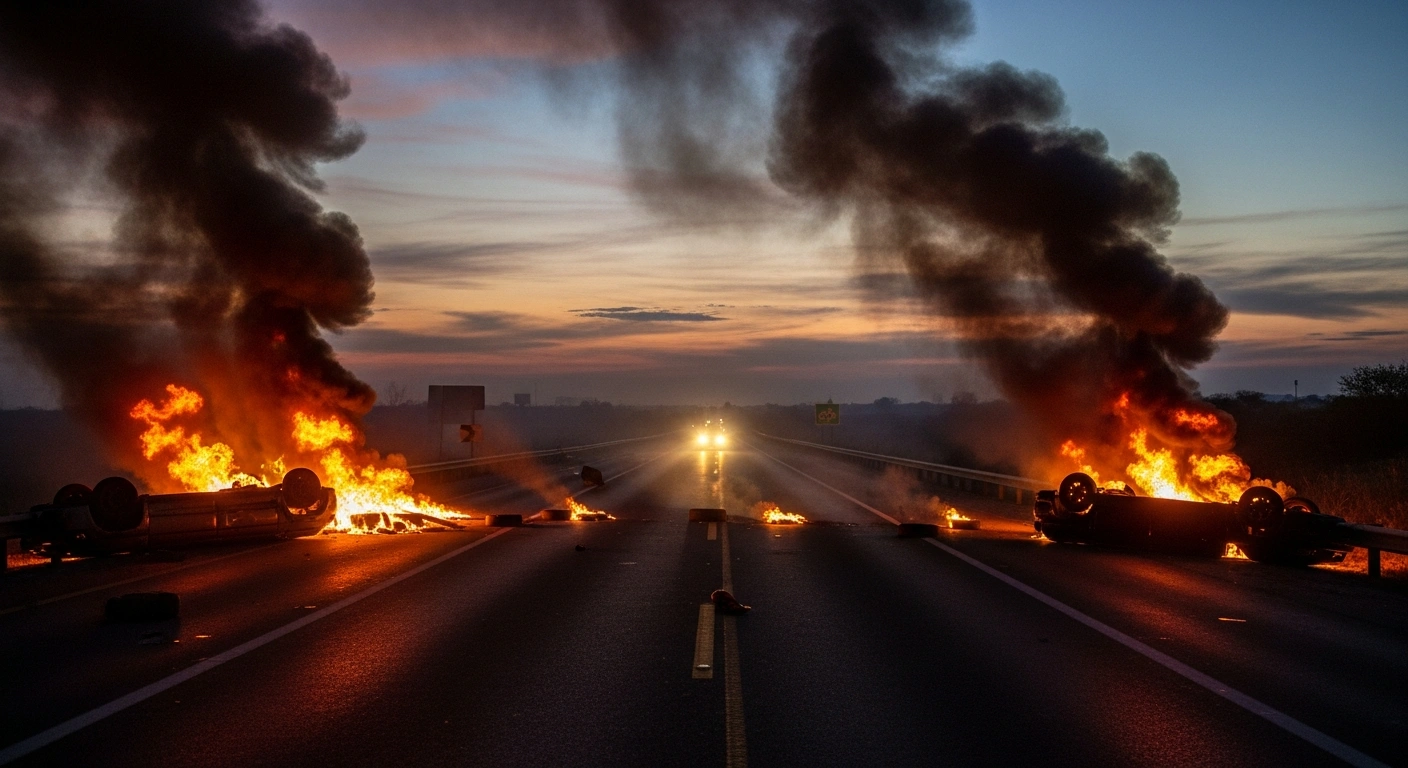 A desolate highway in Mexico at dusk, blocked by burning tires and debris with thick smoke rising, symbolizing the escalating cartel violence and road blockades that prompted Turkey's Embassy to issue a safety alert following the reported death of Jalisco New Generation Cartel leader 'El Mencho'.
