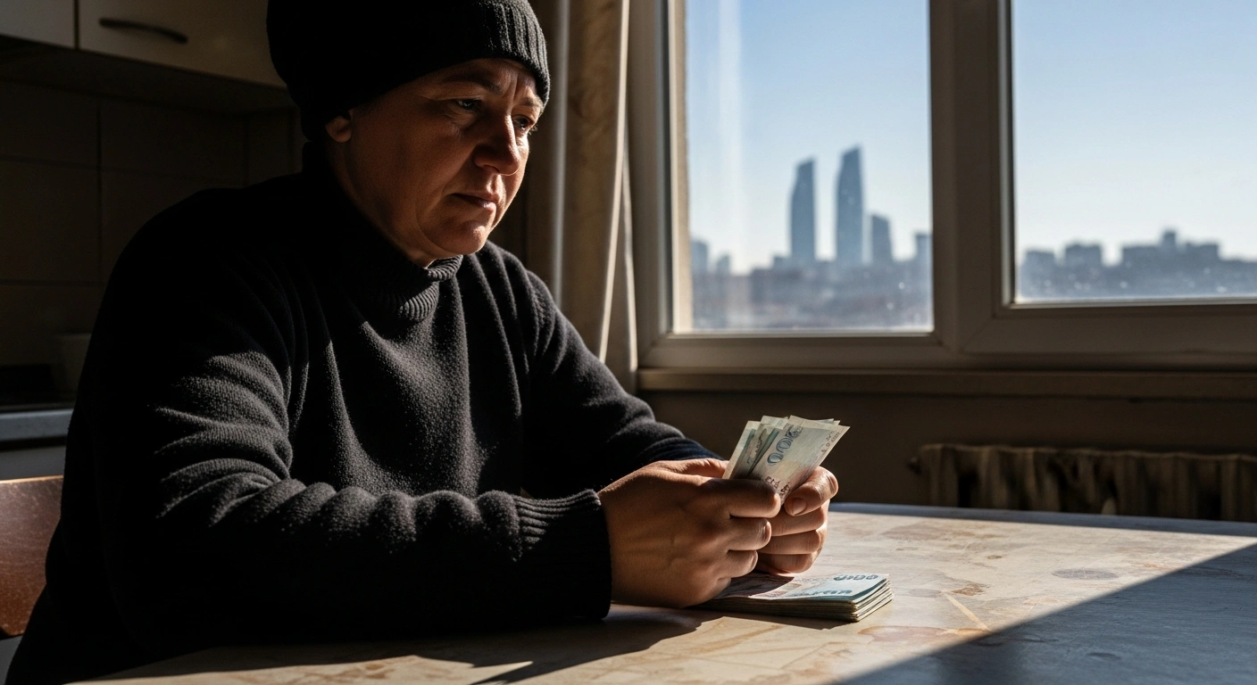 A middle-aged worker in Turkey sits at a kitchen table, contemplating a modest stack of Turkish lira banknotes, symbolizing the recently announced 27% increase in the net minimum wage for 2026 amidst concerns about inflation.