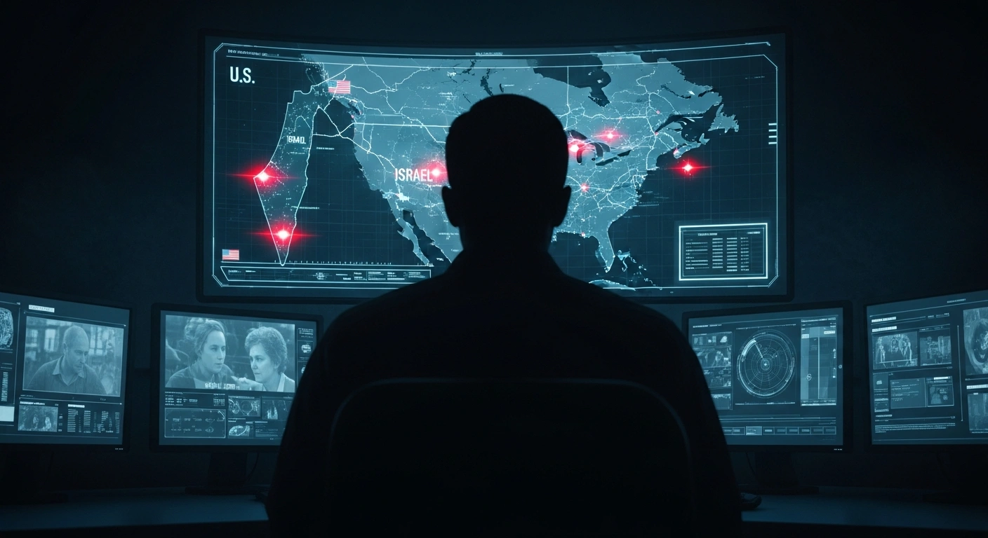 A silhouetted figure in a dimly lit, high-tech command center observes multiple holographic screens displaying a geopolitical map with flashing red hotspots for the US, Israel, and Iran, alongside grainy surveillance footage of two individuals, symbolizing Turkey's monitoring of regional tensions and the arrest of Mossad espionage suspects.