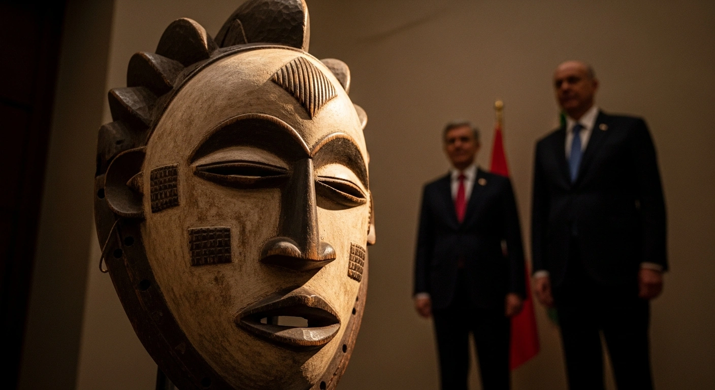 A spotlight illuminates an intricately carved wooden Nigerian artifact, possibly a mask or figure, as two formally dressed individuals, representing Turkish and Nigerian officials, stand respectfully in the background, symbolizing the repatriation discussions and cultural cooperation between the two nations.