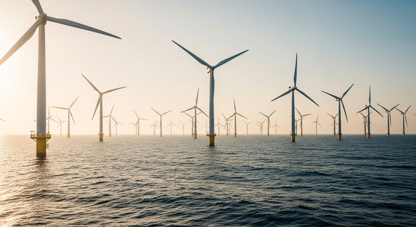 A row of large offshore wind turbines stands in the sea off the coast of Turkey as part of a new renewable energy project.