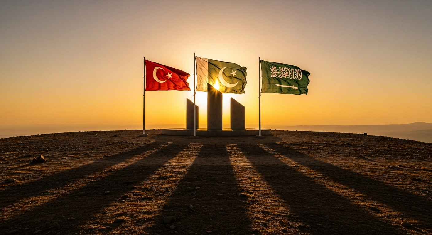 Three national flags, representing Turkey, Pakistan, and Saudi Arabia, stand on a windswept plateau at dusk, symbolizing their discussions for a trilateral defense alliance to enhance regional security and cooperation.