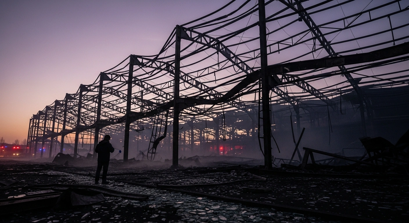 A wide, low-angle shot at dawn shows the charred and twisted remains of a perfume warehouse in Dilovası, Kocaeli province, Türkiye, after a devastating fire that resulted in six fatalities and five injuries, with an investigator surveying the scene.
