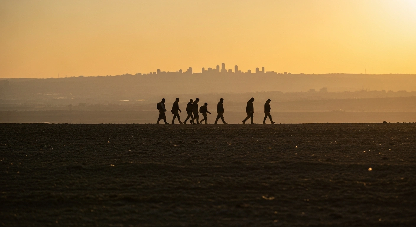 A group of people, representing Kurdistan Workers' Party (PKK) fighters and civilians, are silhouetted against a setting sun as they walk across a rugged plain towards a distant city, symbolizing their return from northern Iraq to Turkey as part of a peace process facilitated by new legislation.