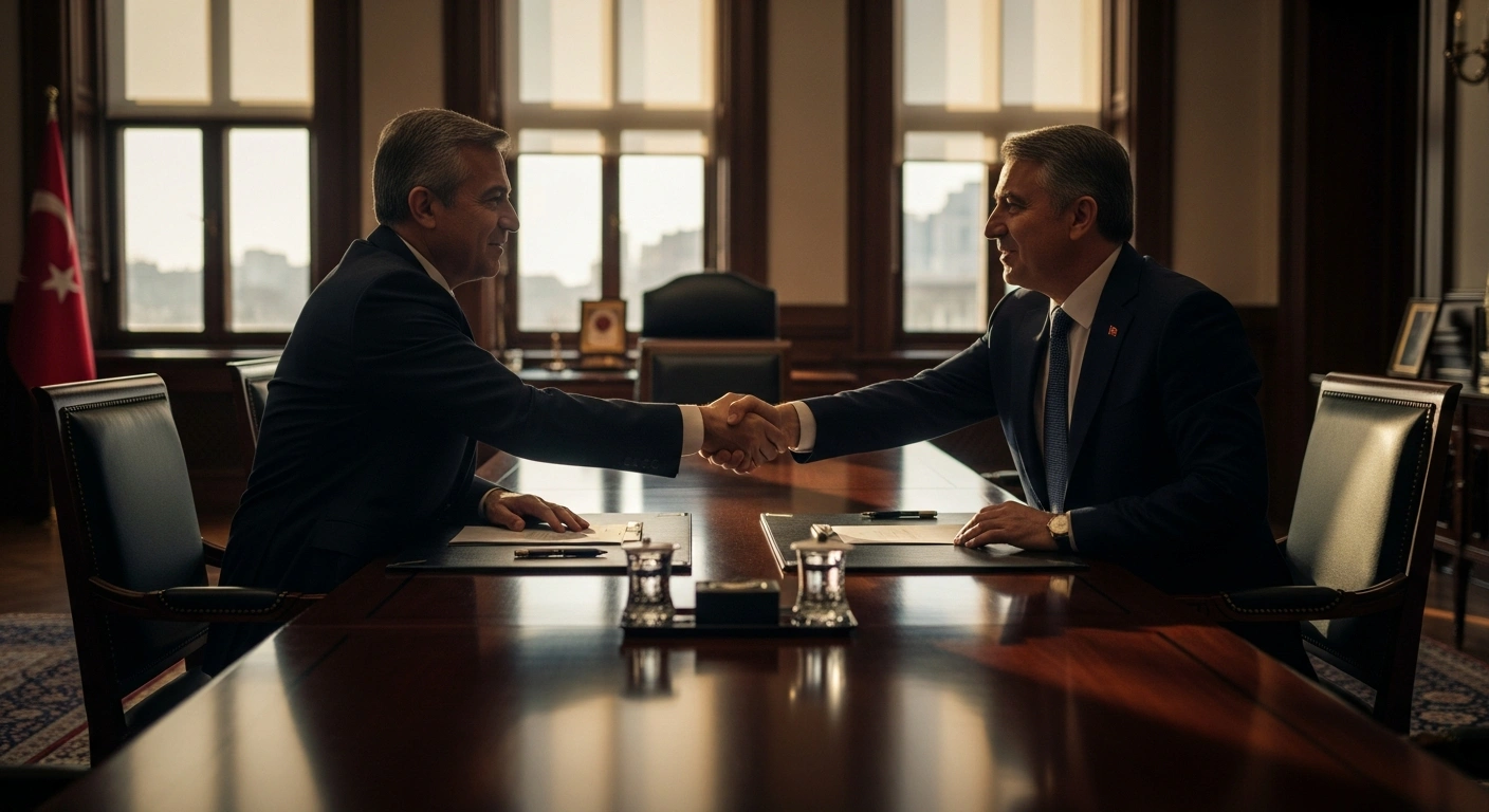 Turkish Foreign Minister Hakan Fidan shakes hands with a high-level delegation from the Patriotic Union of Kurdistan during a diplomatic meeting in Ankara.