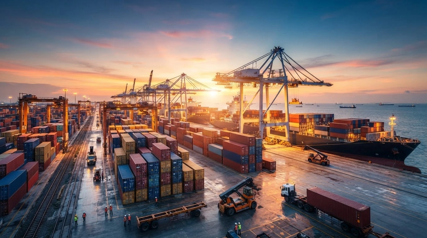 A busy shipping port at sunset represents Turkey's record-breaking export growth and expanding international trade reach.