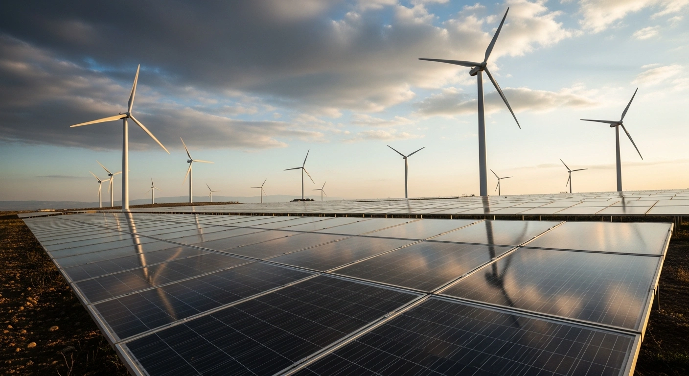 A vast landscape in Turkey features modern wind turbines and solar panel arrays as part of a national renewable energy expansion project.