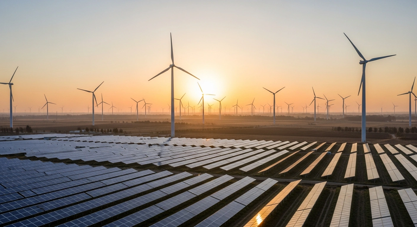 A vast landscape in Turkey at dawn, featuring numerous wind turbines and extensive solar panels, symbolizing the nation's 62% renewable electricity capacity and commitment to climate goals.
