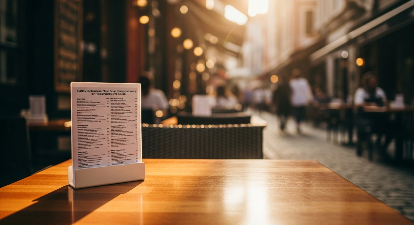A clear price list stands on a wooden table at a Turkish cafe to ensure consumer transparency for restaurant patrons.