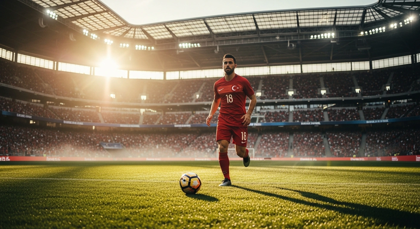 A Turkish soccer player runs across the field during a FIFA World Cup match against Australia in a packed Vancouver stadium.