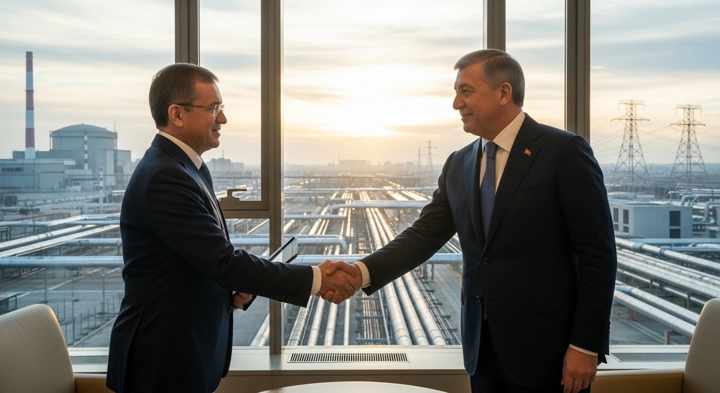 A photorealistic image depicts the Turkish Energy Minister and Russian Deputy Prime Minister shaking hands in a modern conference room, with a blurred background featuring a nuclear power plant and gas pipelines, representing their strengthened energy cooperation on natural gas supplies and the Akkuyu Nuclear Power Plant.