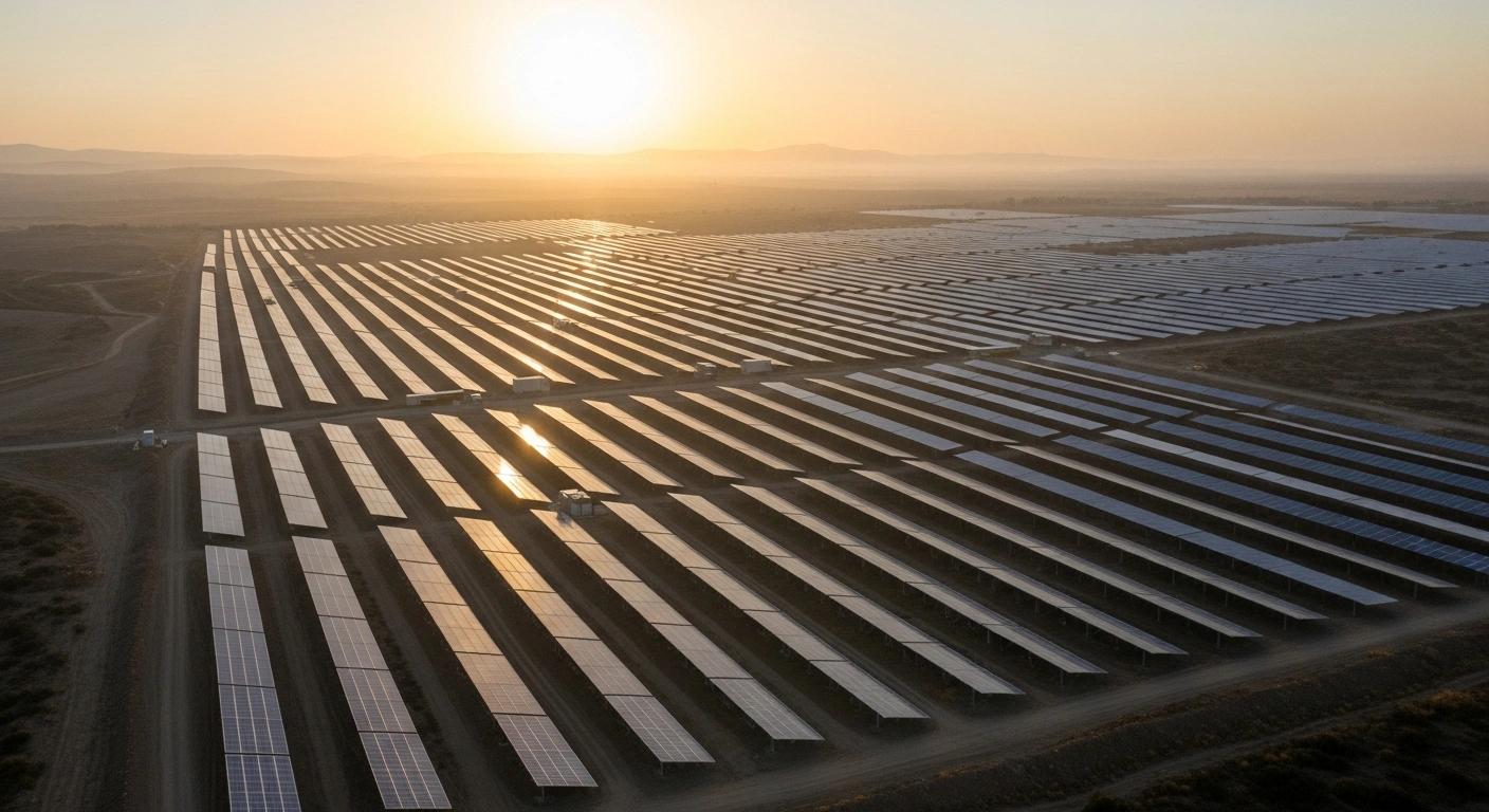 A vast, newly constructed solar power plant in central Turkey, featuring thousands of gleaming photovoltaic panels stretching across an arid landscape under a golden sunrise, symbolizing the $2 billion agreement between Turkey and Saudi Arabia for 2,000 megawatts of renewable energy capacity.