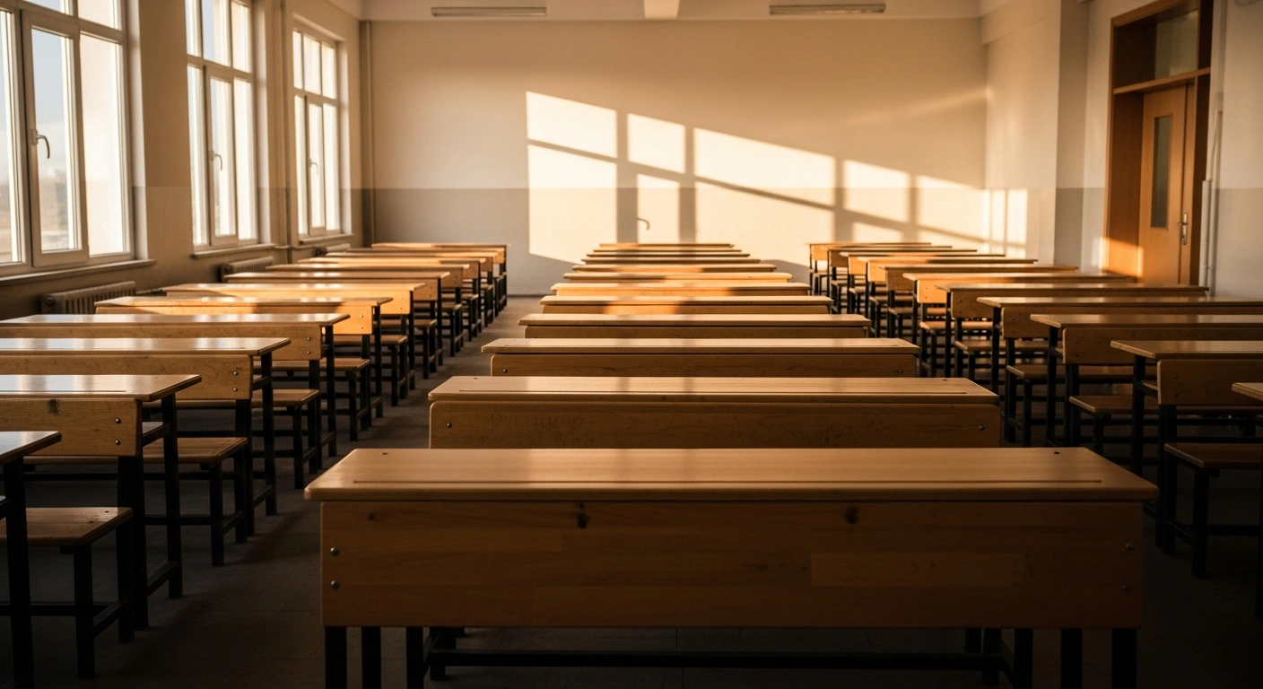 An empty, orderly classroom in Turkey is prepared for the upcoming LGS secondary education entrance exam during a nationwide school closure.