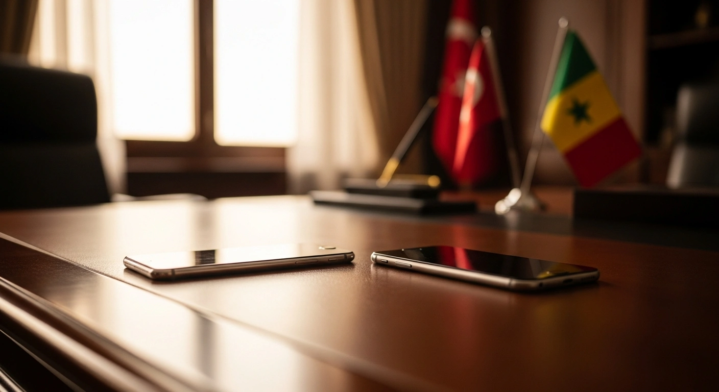 Two smartphones rest on a desk representing the diplomatic phone conversation between Turkish President Recep Tayyip Erdoğan and Senegalese President Bassirou Diomaye Faye.