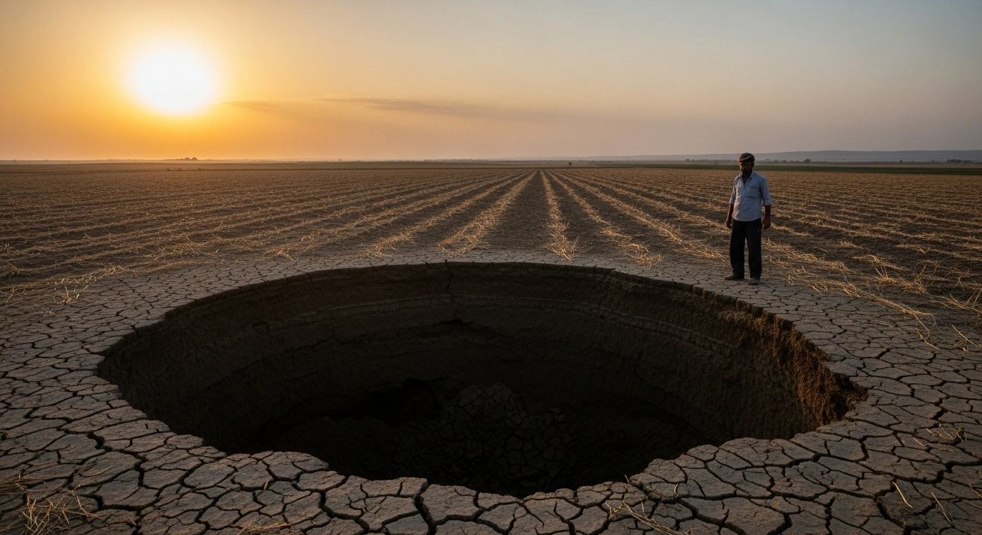 A lone farmer stands at the edge of a massive, jagged sinkhole in a parched agricultural field in Turkey, illustrating the severe impact of prolonged drought and excessive groundwater extraction on the region.