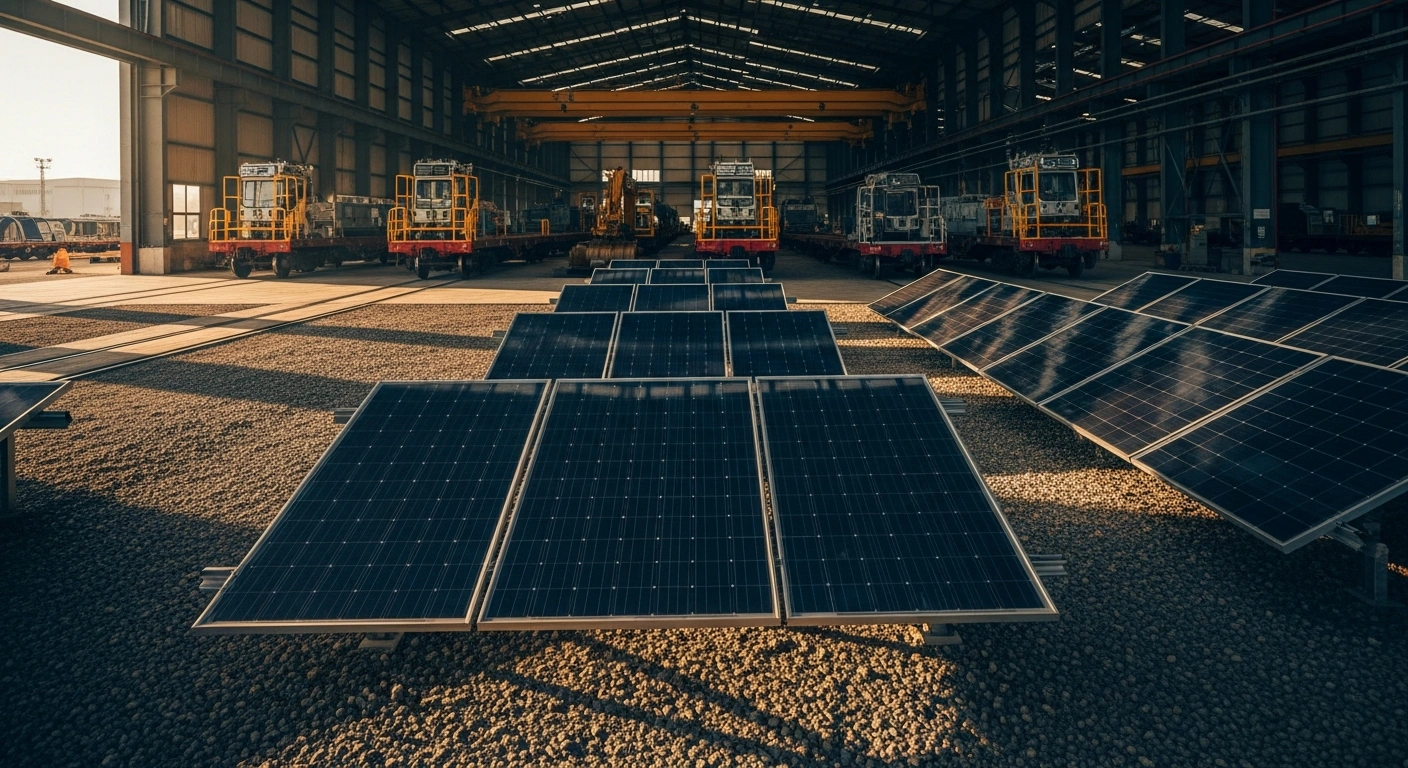 A vast array of solar panels powers the TÜRASAŞ freight railcar manufacturing facility in Sivas, Turkey, as part of a national climate neutrality initiative.