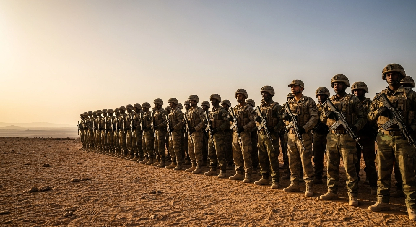 Turkish and Somali soldiers stand together on a training field during a joint military cooperation mission.