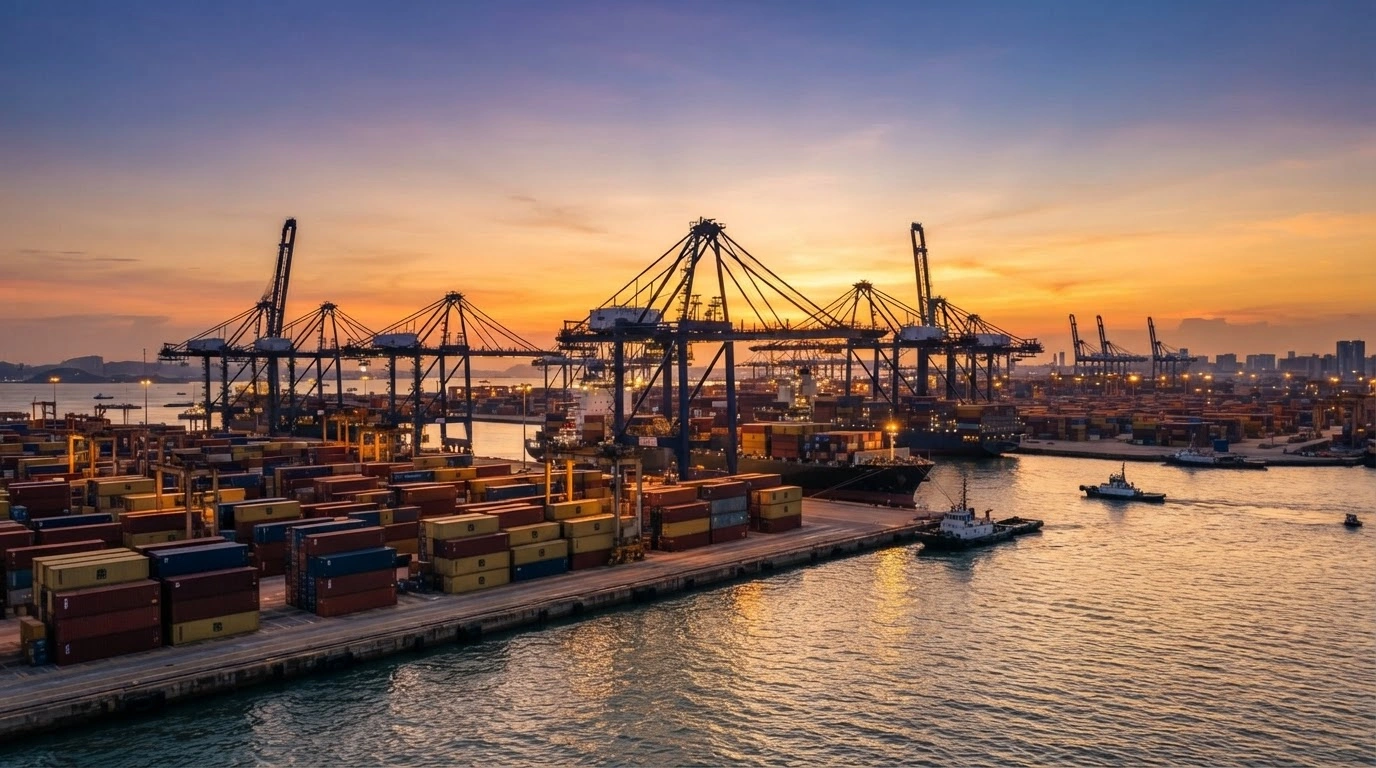 A busy shipping port at sunset represents the narrowing trade deficit and shifting economic dynamics of Turkey.