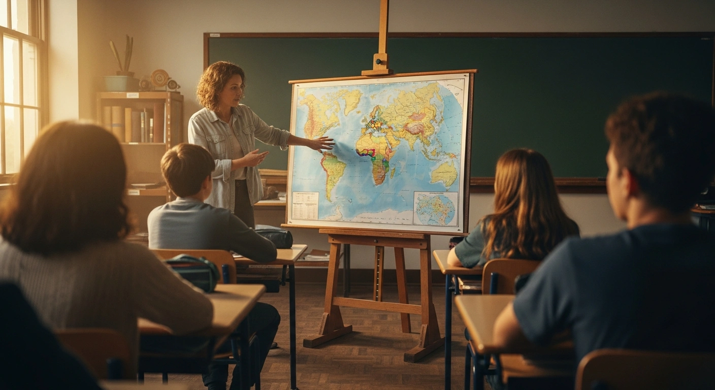 A teacher points to a newly highlighted region on an antique-style map in a sunlit classroom, symbolizing Turkey's Ministry of National Education introducing 'Turkistan' into school curricula to strengthen Turkic unity and national identity.