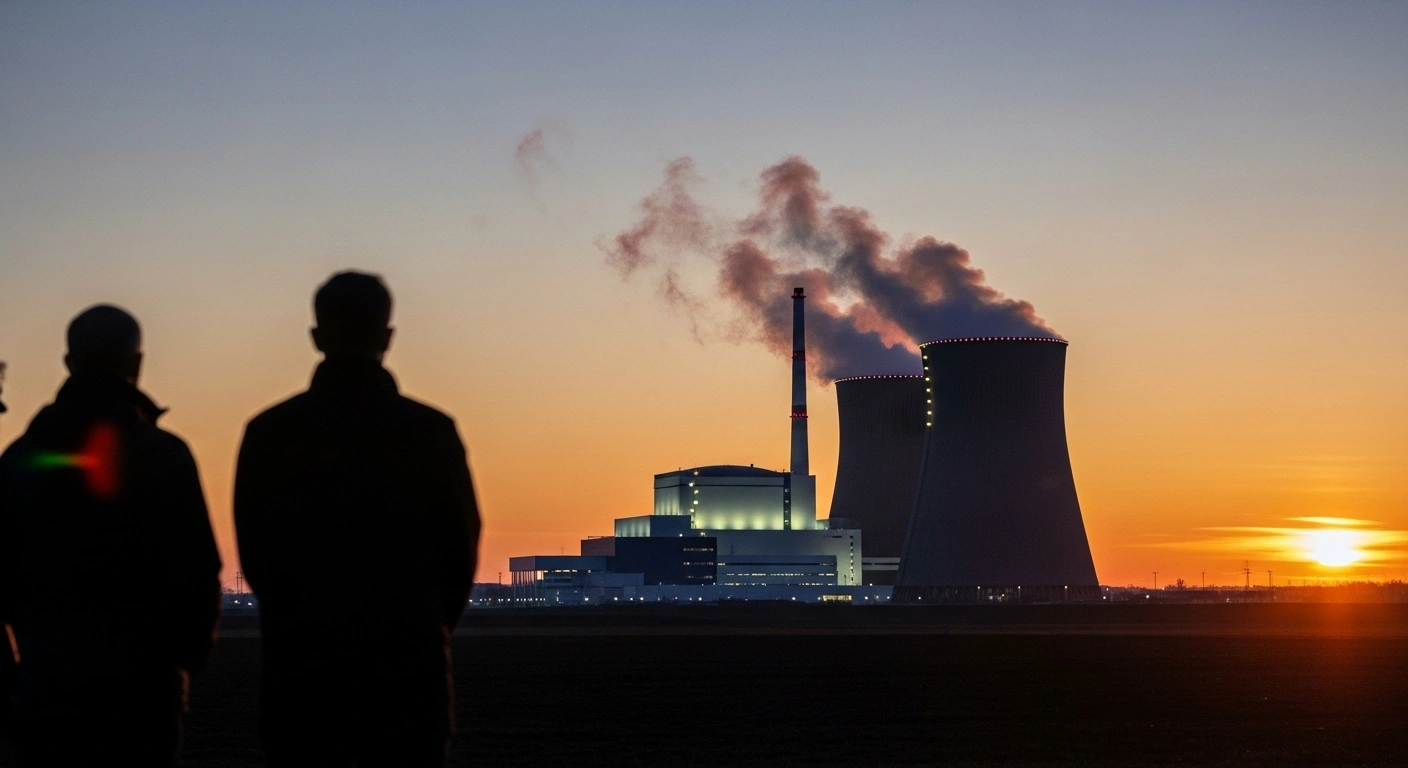 Three figures representing Turkey, the United States, and South Korea stand silhouetted at dawn, looking towards a futuristic nuclear power plant, symbolizing their trilateral partnership for affordable energy, technology transfer, and expertise.
