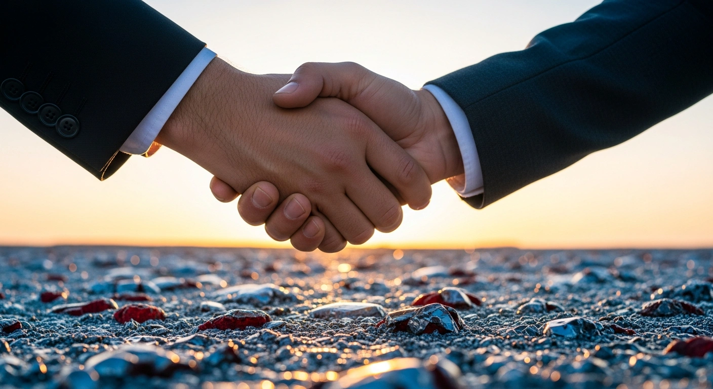 Two hands, one subtly hinting at Turkish identity and the other at Uzbek, shake firmly over a stylized depiction of mineral-rich earth, symbolizing their new Memorandum of Understanding for cooperation in the mining sector, focusing on critical minerals and rare earth elements.