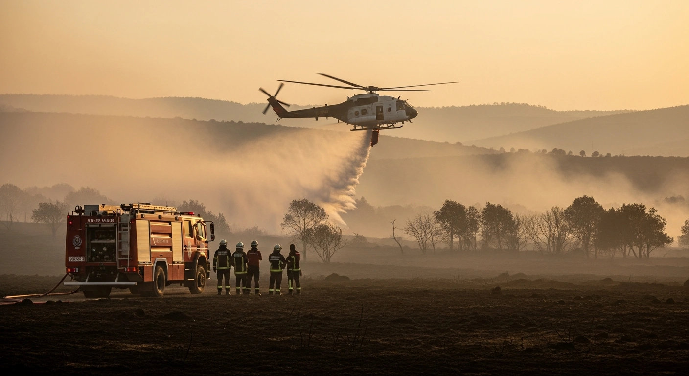 Emergency responders and a firefighting helicopter conduct cooling operations on a smoldering landscape in Turkey after bringing wildfires under control.