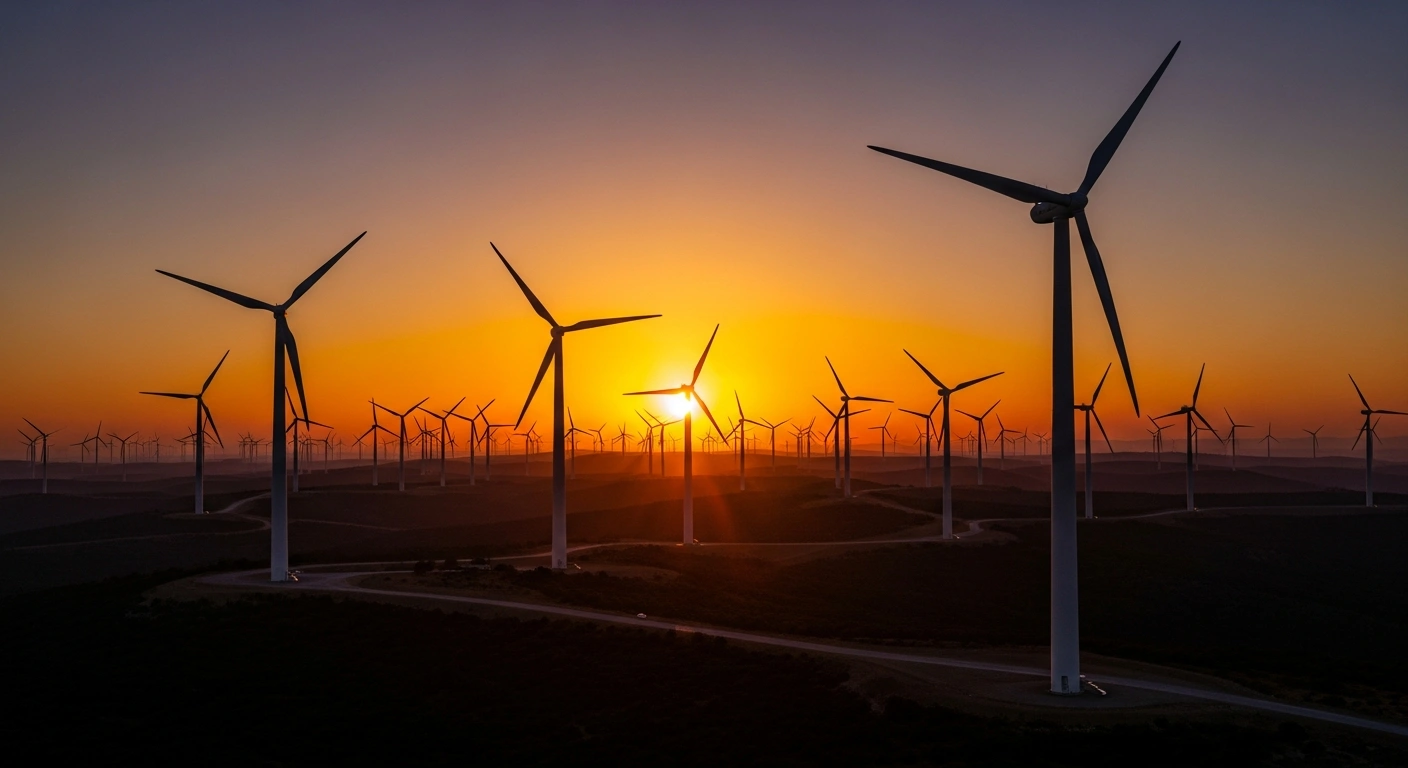 A vast wind farm in Turkey at sunset, featuring numerous large wind turbines with their blades turning, silhouetted against an orange and purple sky, symbolizing the nation's record wind electricity generation on January 4, 2026, which contributed 28.2% to total power production.