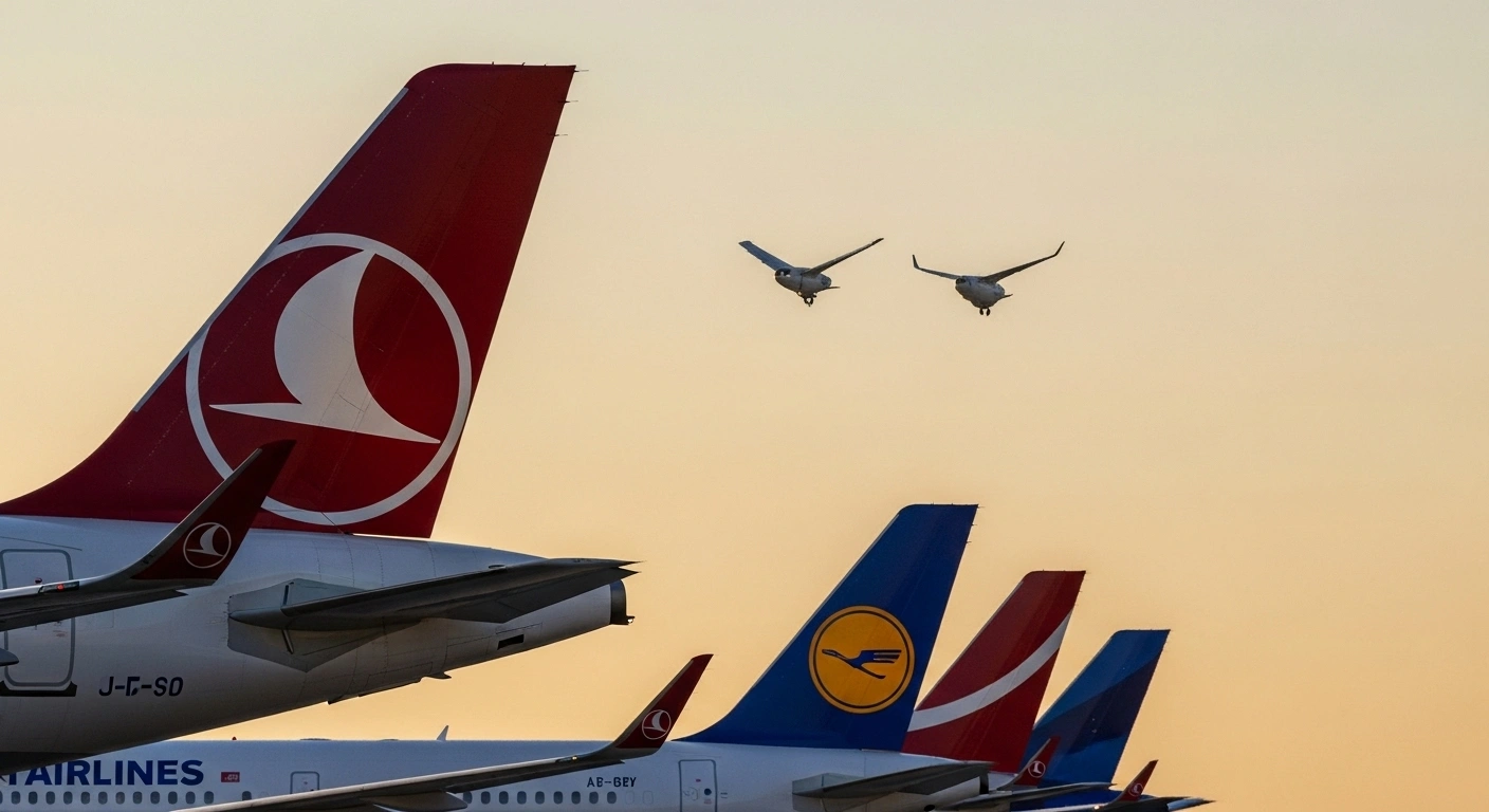 A dominant Turkish Airlines jet tail fin in warm light aligns with a slightly out-of-focus Air Europa tail fin, while blurred silhouettes of other European airline tails like Lufthansa and Air France-KLM recede in cool light, symbolizing Turkish Airlines' acquisition of a stake in Air Europa and its strategic network expansion.