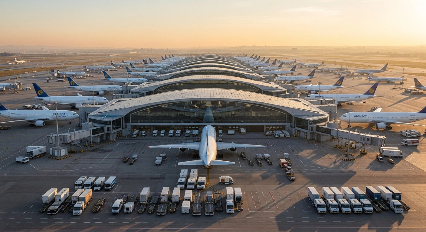 A vast, modern air cargo terminal at Istanbul Airport, bustling with cargo planes and automated vehicles under a dramatic dawn sky, symbolizing Turkish Airlines' $2.3 billion investment to create the world's largest air cargo facility and bolster Istanbul's role as a global logistics hub, projected to create 26,000 new jobs.