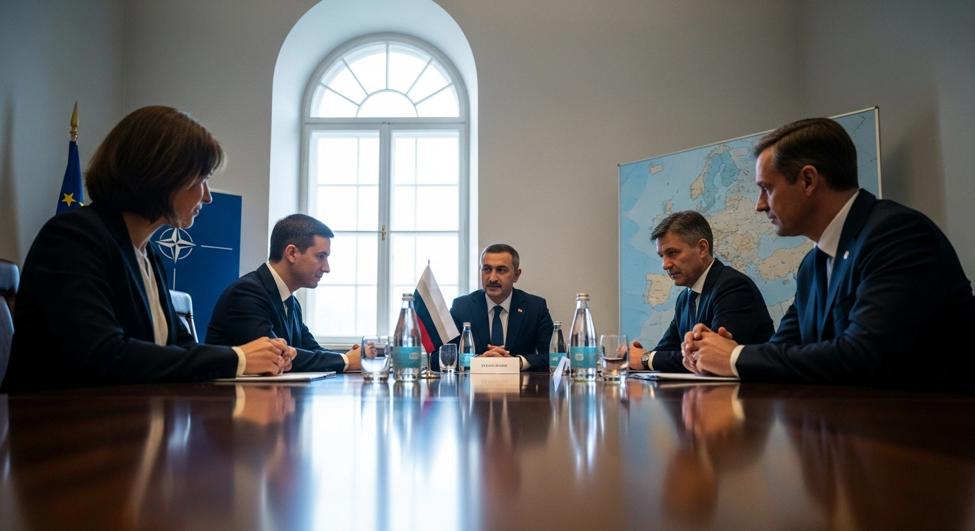 Turkish Foreign Minister Hakan Fidan is shown in a serious diplomatic meeting with his Baltic counterparts in Vilnius, Lithuania, discussing European security, the Russian occupation of Ukraine, and NATO missions.