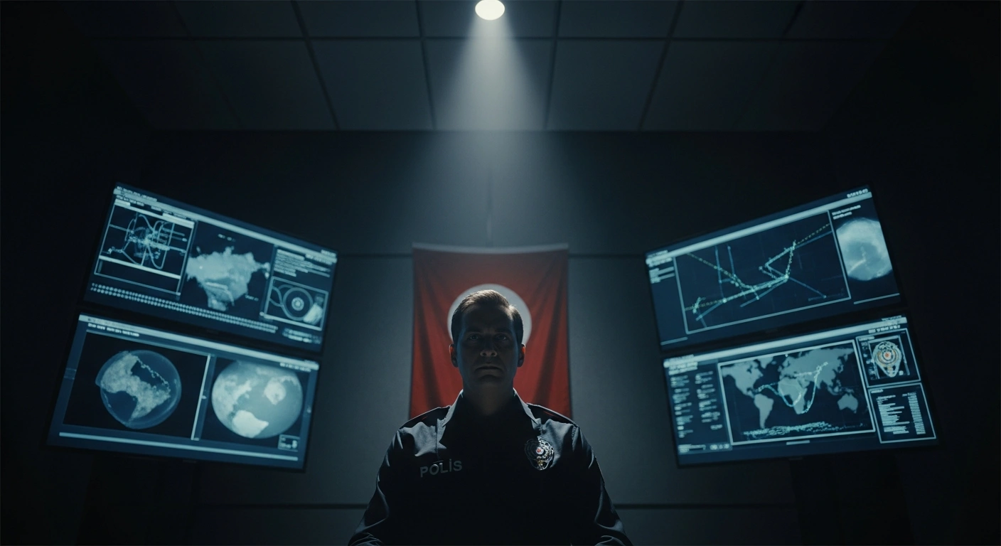 A high-contrast image depicts a Turkish police officer in silhouette within a dimly lit interrogation room, intently observing multi-screen displays that show blurred satellite imagery and maritime routes, symbolizing the ongoing international investigation into the detention of individuals connected to Spain's historic 10-ton cocaine seizure.