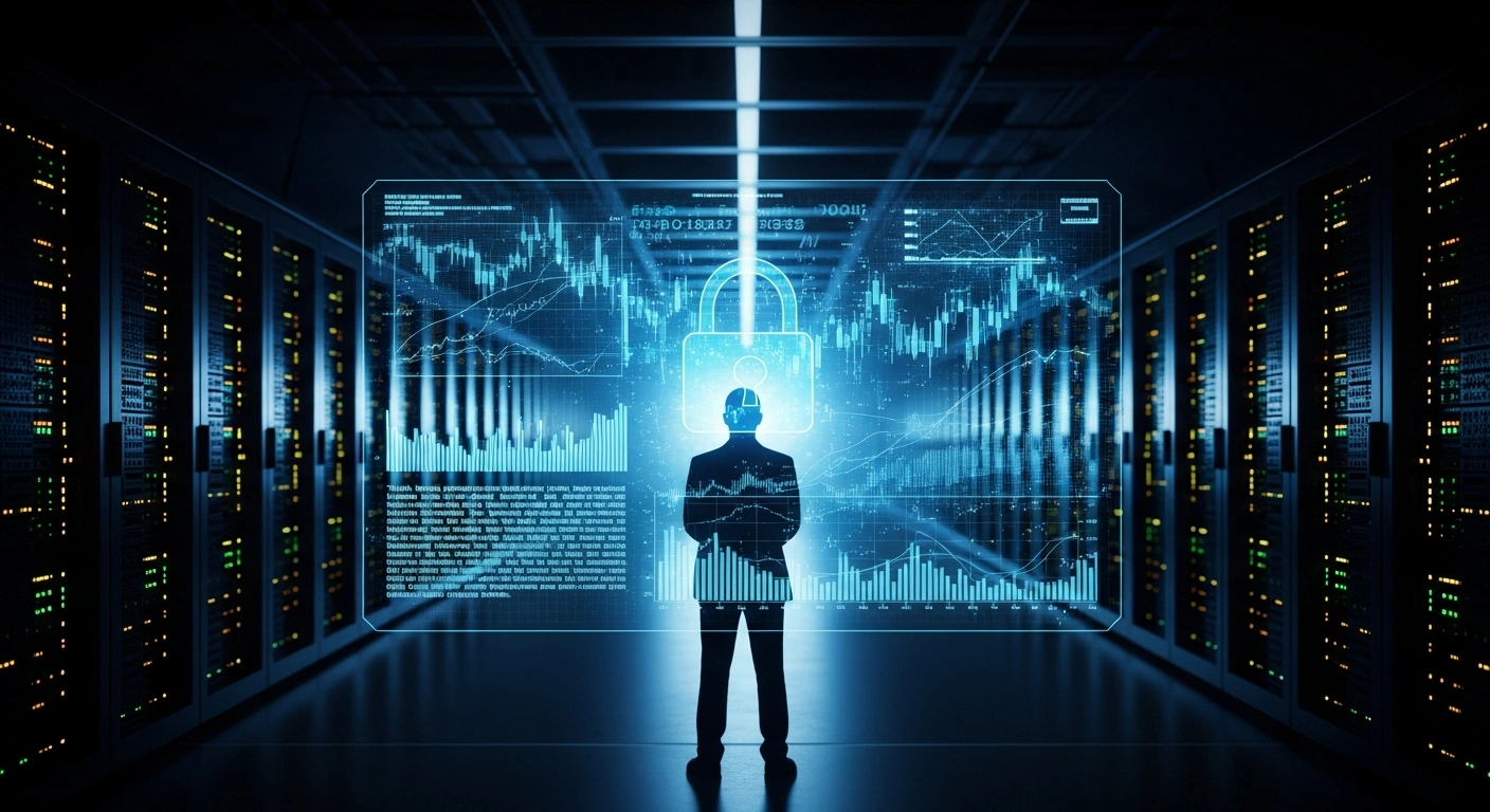 A silhouetted figure in a suit stands before a large holographic display in a dimly lit server room, observing intricate cryptocurrency graphs and transaction ledgers that appear to be frozen or seized, representing the Turkish prosecutors' action against Şeref Yazıcı's assets linked to illegal betting and money laundering.