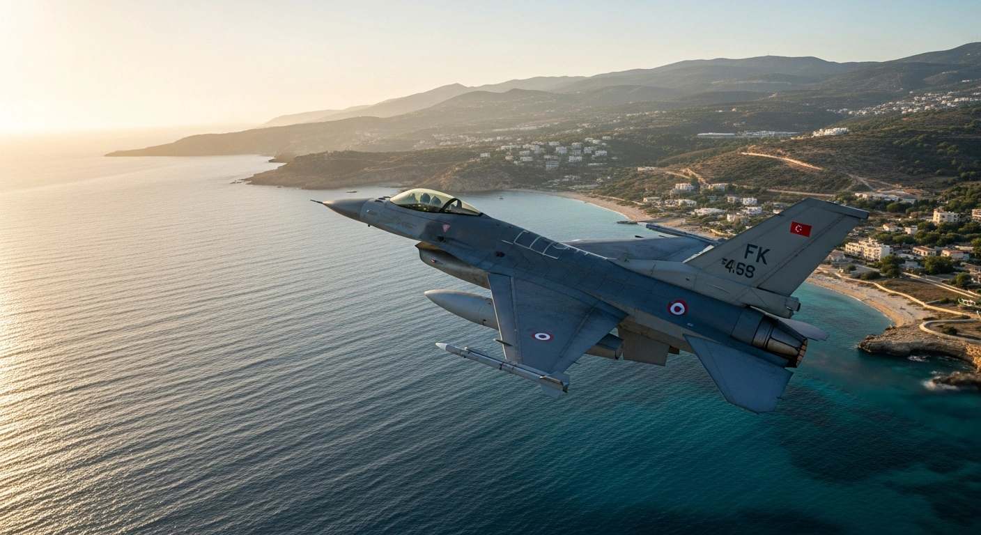 A Turkish F-16 fighter jet flies over the coastline of Northern Cyprus as part of a potential regional security deployment.
