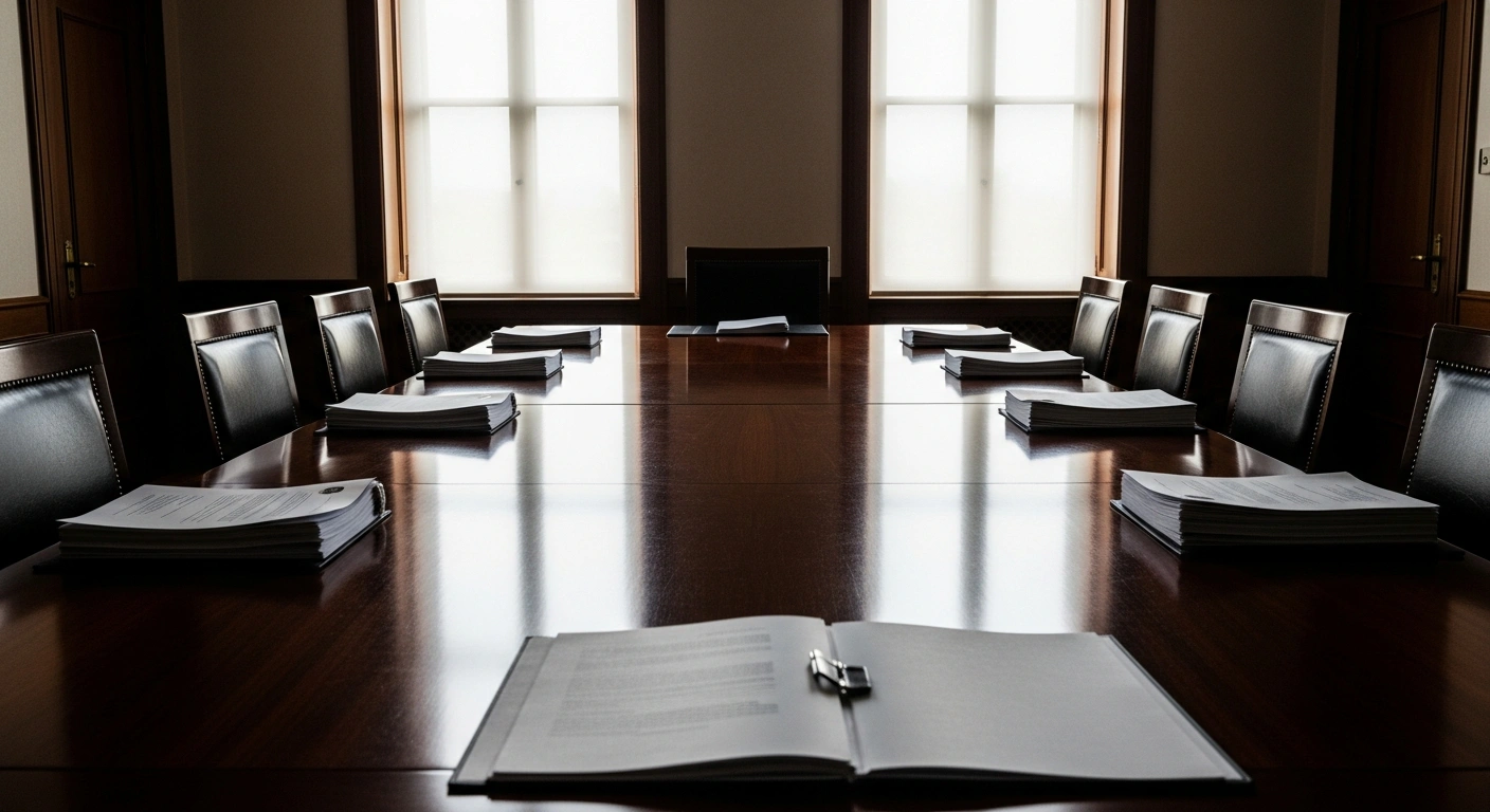 A dimly lit, grand conference room features a long, polished mahogany table with two sets of empty chairs facing each other and a single, offset chair at the head, symbolizing diplomatic talks between the US and Iran on the nuclear issue, as advocated by Turkish Foreign Minister Hakan Fidan to avoid military action.
