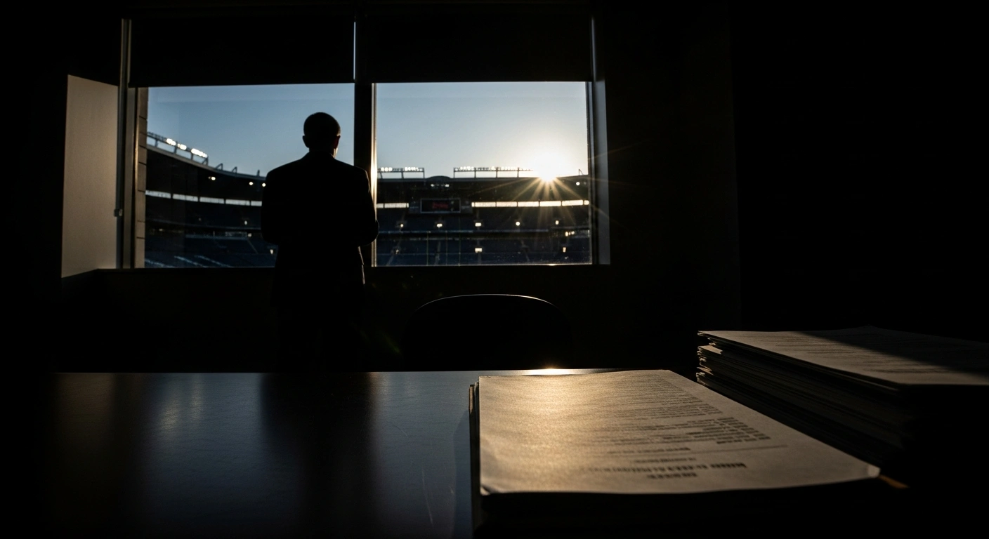 A lone figure stands in a dimly lit office, silhouetted against a distant football stadium, with a harsh beam of light illuminating official documents on a desk, representing the widening investigation by Turkish prosecutors into illegal football betting and match manipulation, leading to the detention of suspects like former Galatasaray executive Erden Timur.