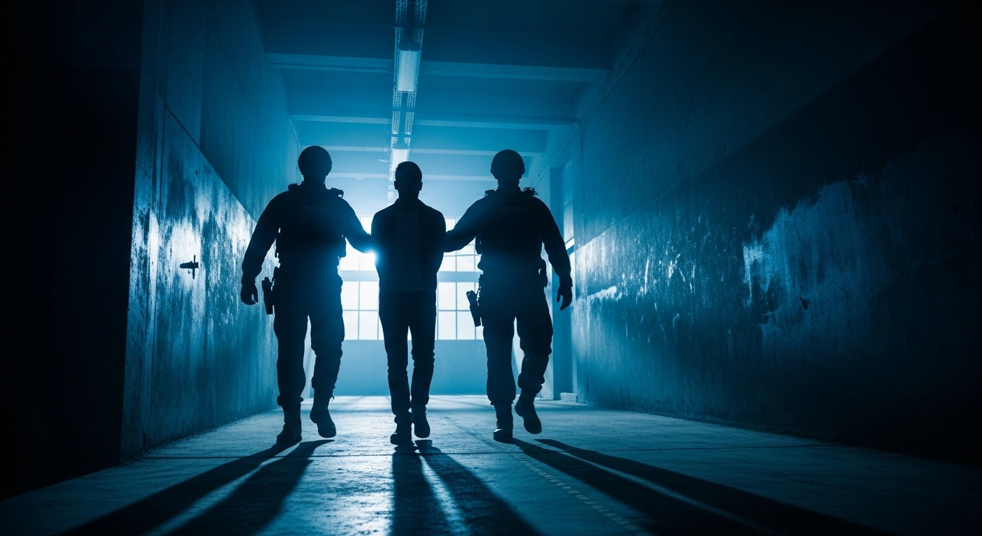 Turkish security forces escort a Syrian national back into custody following a judicial review regarding his role in a past kidnapping case.