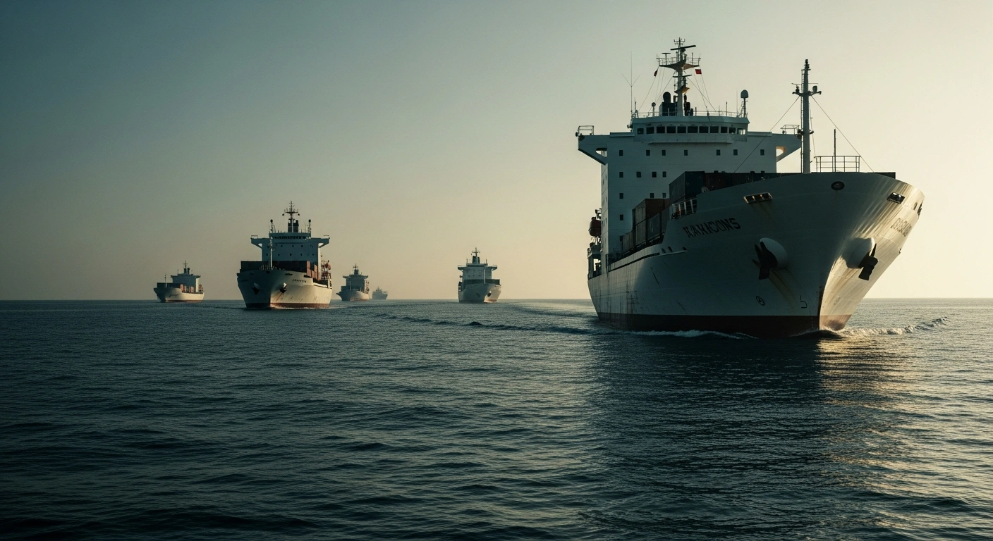 A fleet of cargo ships representing a Turkish humanitarian flotilla sails across the sea to deliver aid to the Gaza Strip.